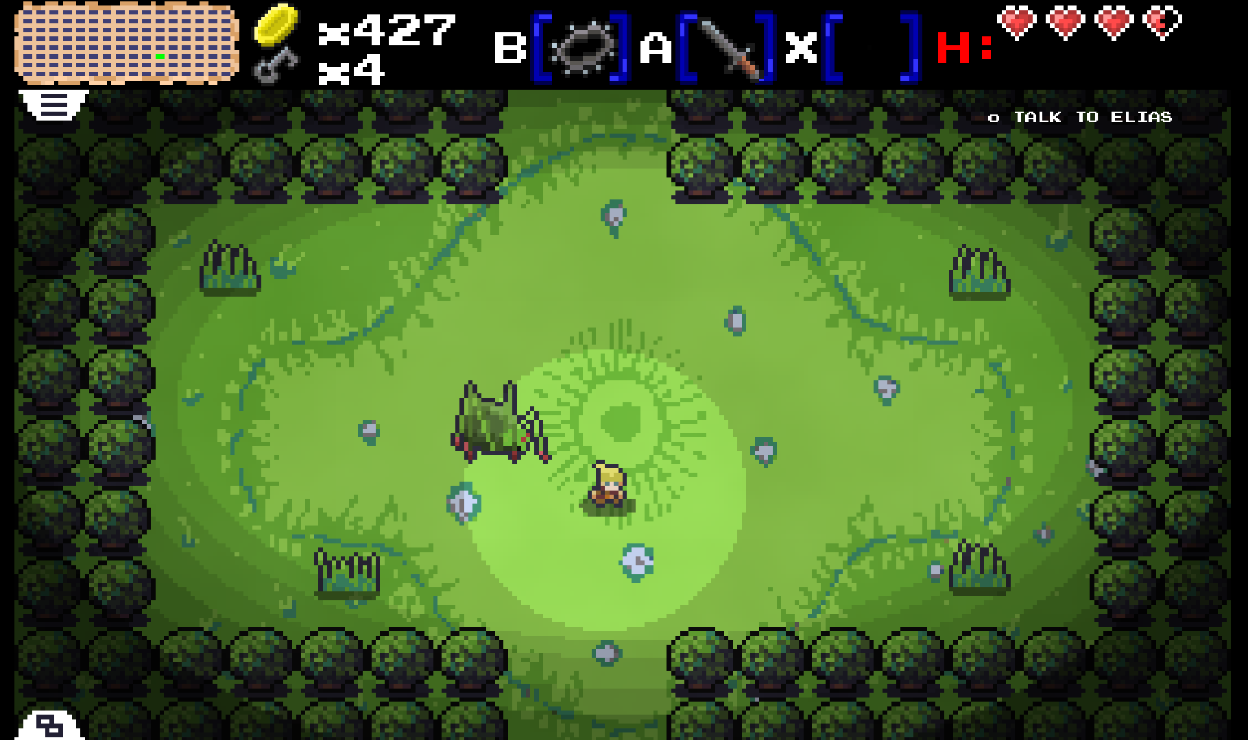 The overworld: a giant spider guards a forest clearing