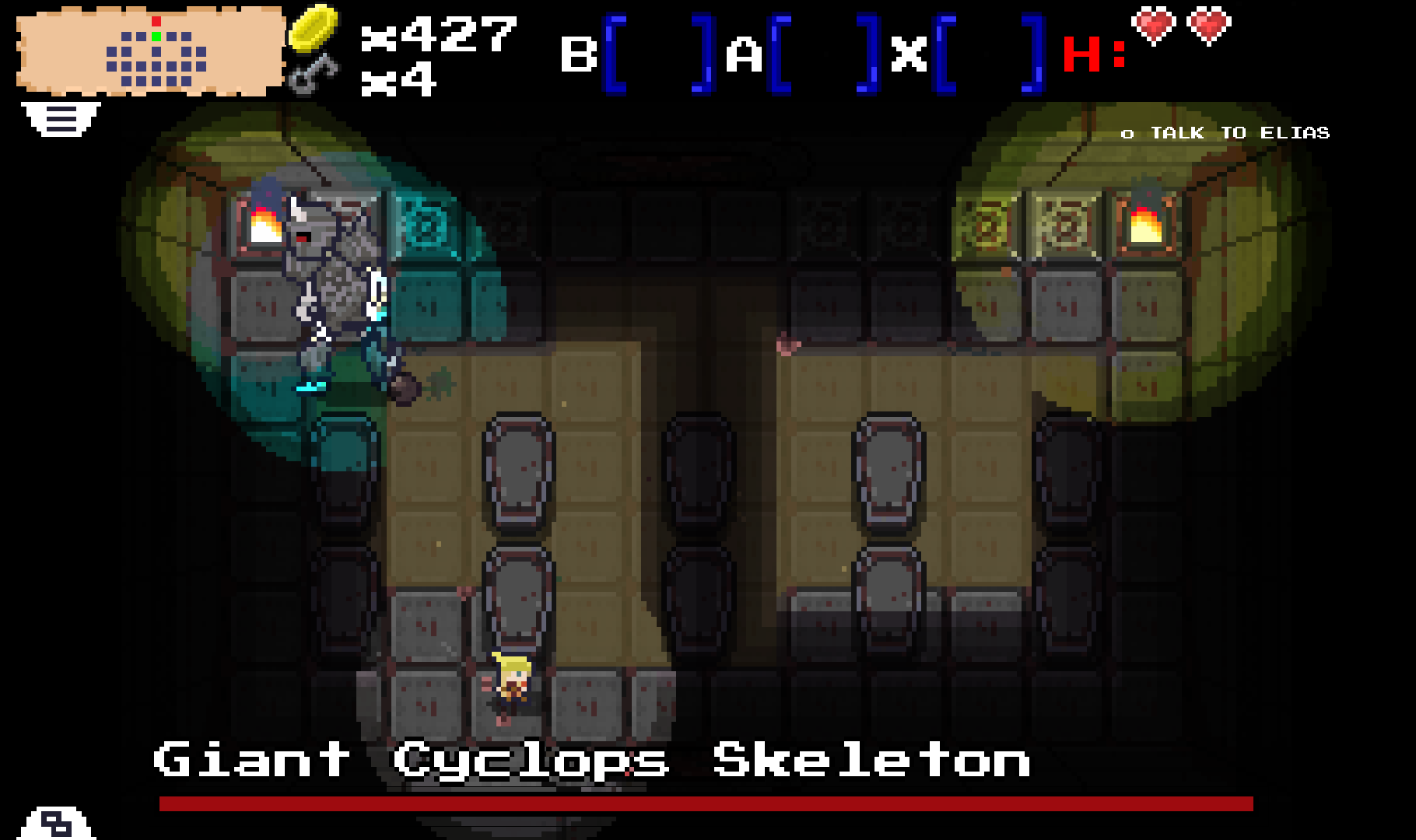 Ethral: the Giant Cyclops Skeleton in a torchlit crypt