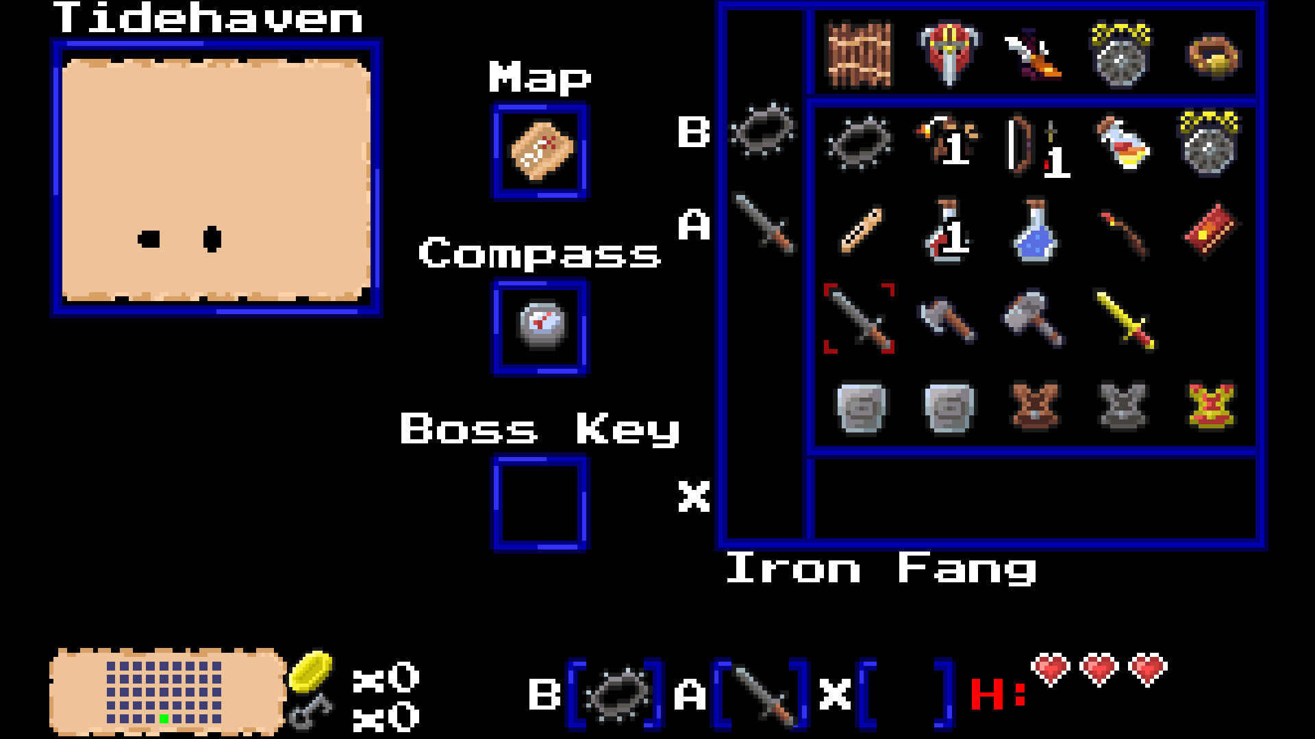 Dungeon inventory: map, compass, boss key and the Iron Fang