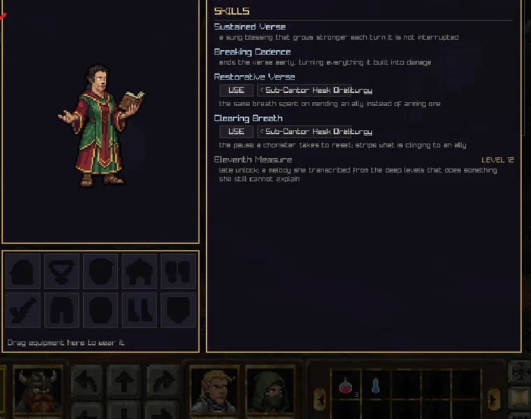 Character sheet: skills, equipment and history